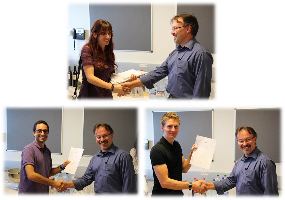 Rocio Rama, Juan Jose Fumero Alfonso, and Gary Andrew Mcgilvary receiving their prizes from Alberto di Meglio, CERN openlab summer student coordinator