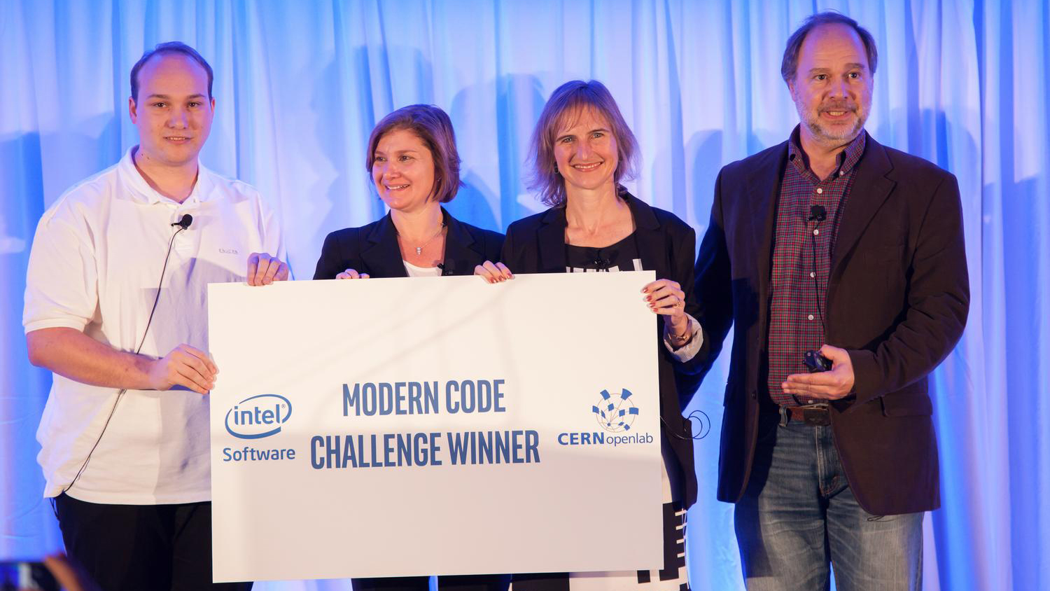 Mathieu Gravey (far left) is announced as the grand prize winner at last year’s Intel HPC Developer Conference in Austin, Texas, USA.